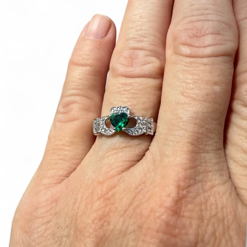 Created Green Emerald Created Sapphire Claddagh Ring 925 Sterling Silver Size 7